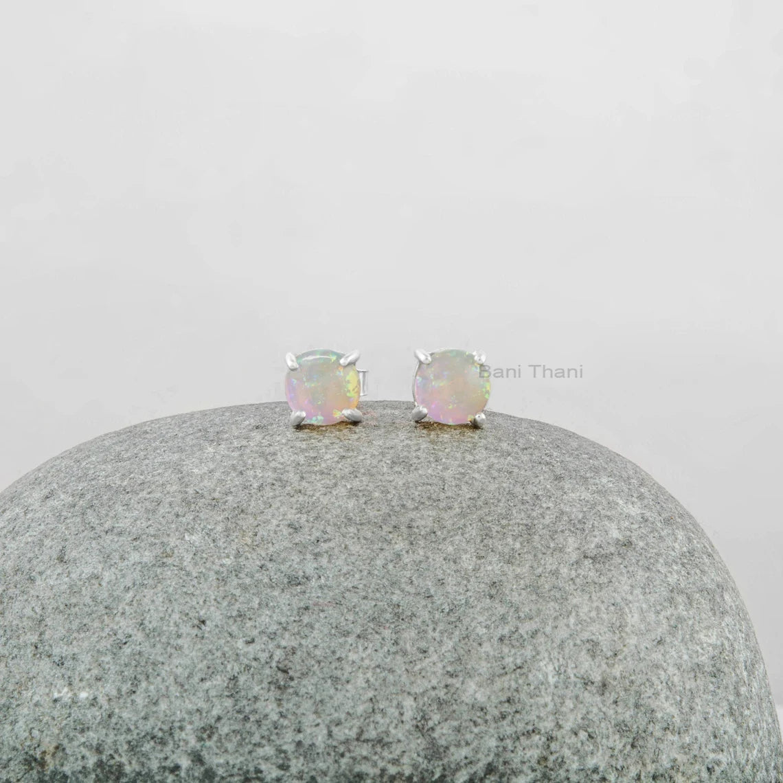 Natural Opal Stud Earrings - Prong Set Handmade Earrings - 7mm Round Gemstone Stud Earrings - Christmas Gift Earrings - 925 Silver Earrings