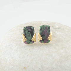 Beautiful Ruby zoisite 8x13 Cushion Flat Gemstone Silver Earrings - 18k gold Plating - Perfect Earrings For Girls - Gift For Love - Handmade