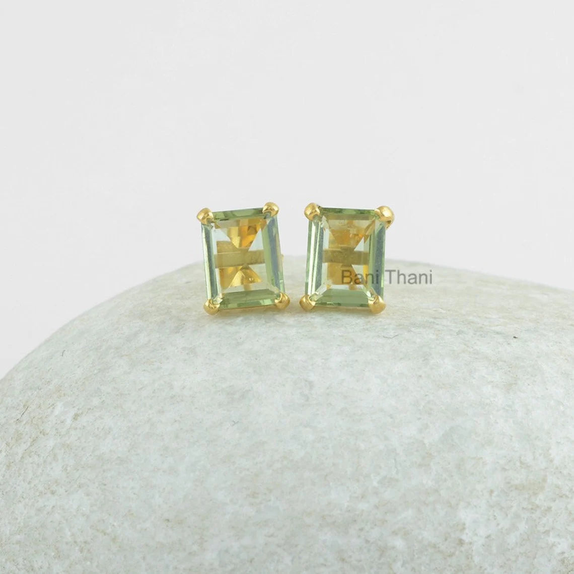 Green Amethyst Quartz Stud Earrings - Gemstone Studs - Sterling Silver - 8x10mm Octagon Faceted - Jewelry For Beach - Gift For Old Women