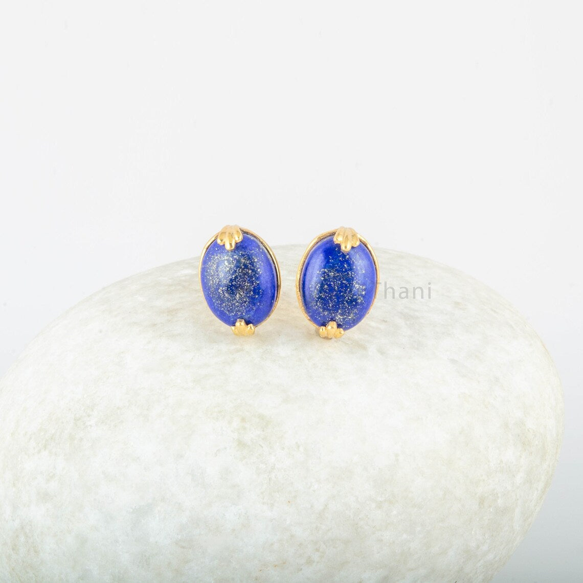 Lapis Lazuli Stud Earrings - 925 Pure Silver Gold Plated Handmade Studs - 10x12mm Oval - Fashion Jewelry - Gift For Women - Bridesmaid Gift