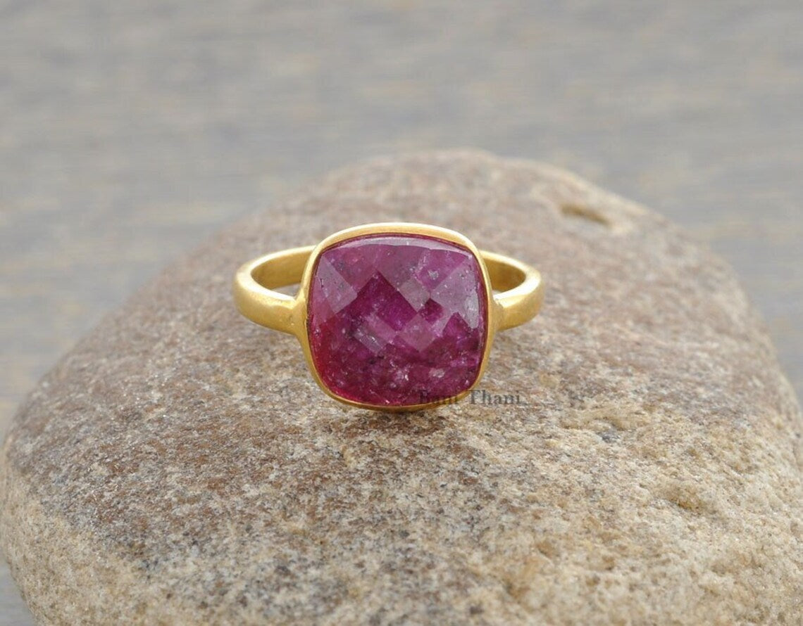 Ruby Ring, Ruby 10mm Cushion Shape Faceted Gemstone Silver Ring, 18k Gold Plated Ruby Ring, 925 Sterling Silver Bezel Ring, Gemstone Jewelry