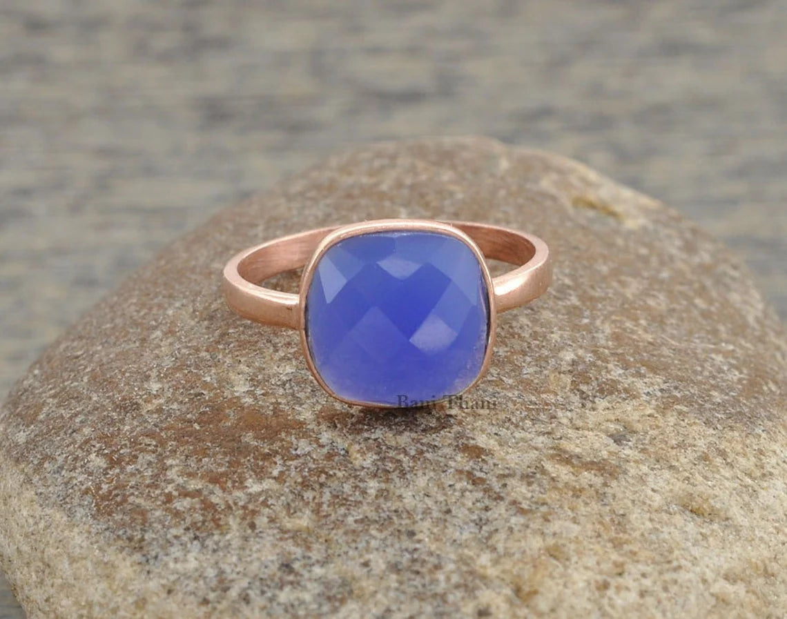 Blue Chalcedony Cushion Gemstone Ring - Rose Gold Plated Ring - 925 Sterling Silver Statement Ring - Christmas Gift Ring - Wedding Gift Ring