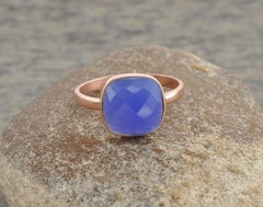 Blue Chalcedony Cushion Gemstone Ring - Rose Gold Plated Ring - 925 Sterling Silver Statement Ring - Christmas Gift Ring - Wedding Gift Ring