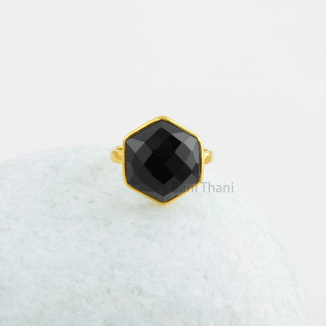 Black Onyx Ring - Solid Silver - Gold Plated Ring - Dainty Jewelry - Faceted Hexagon Stone - Jewelry For Student - Gift For Niece