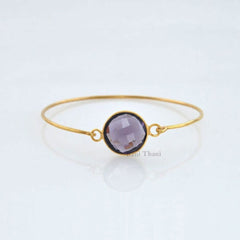 Amethyst Bracelet, Amethyst Quartz 15mm Round Gemstone Bangle, 925 Silver Bracelet, 18k Gold Plated Quartz Bangle, Purple Stone Bracelet