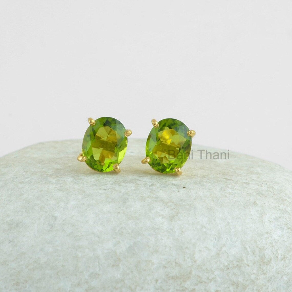 Prong Set Stud Earring-Peridot Quartz 7x10mm Oval Stud Earrings-Gold Plated 925 Sterling Silver Earring Jewelry-Birthday Gift-Christmas Gift