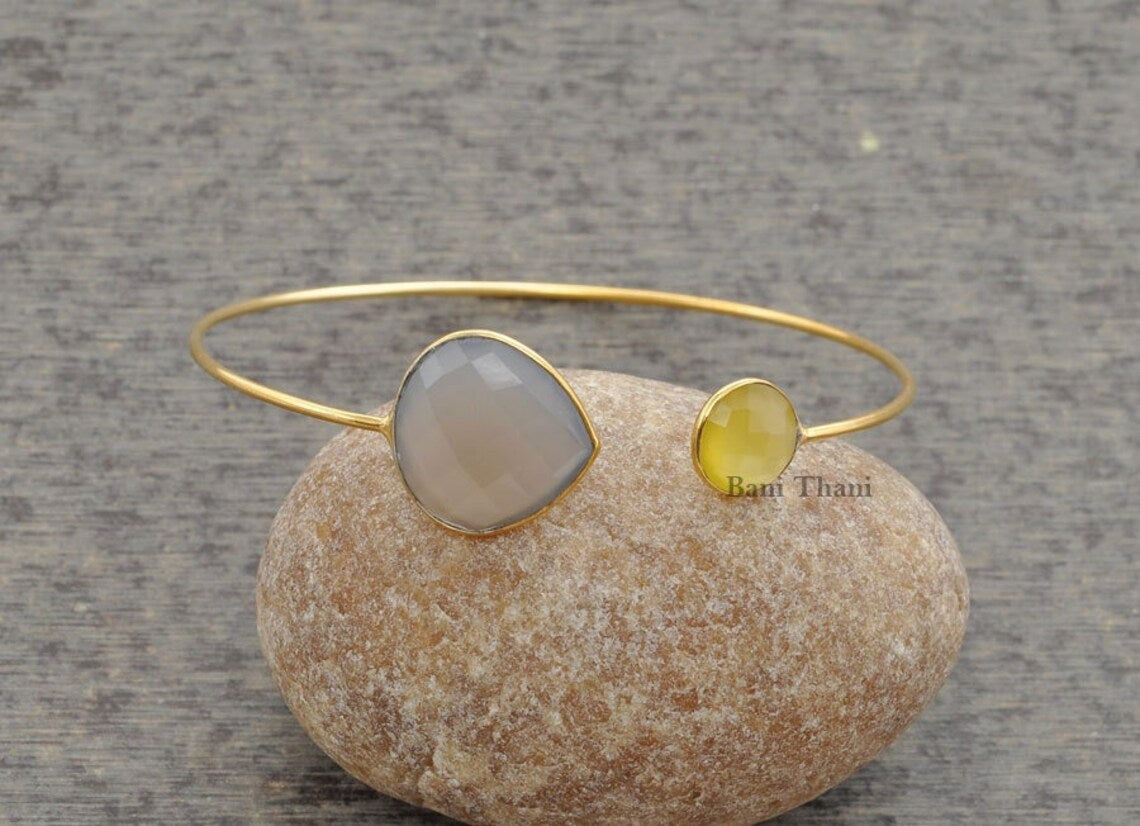 Gemstone Bracelet, Grey and Yellow Chalcedony Gemstone Bangle Bracelets- Gold Plated Sterling Silver Bangle For Women