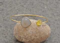 Gemstone Bracelet, Grey and Yellow Chalcedony Gemstone Bangle Bracelets- Gold Plated Sterling Silver Bangle For Women