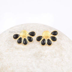 Beautiful Black Onyx Stud Post Earrings, Black Onyx 4x6mm Pear Gemstone 925 Silver Earrings, 18k Gold Plated Handmade Earrings