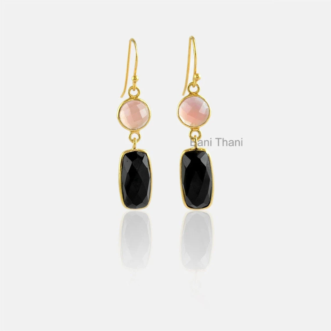 Black Onyx and Pink Chalcedony Gemstone Earrings, Micron Gold Plated 925 Sterling Silver Dangle Earrings Jewelry