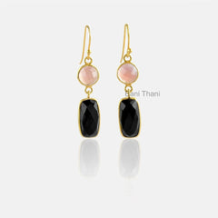 Black Onyx and Pink Chalcedony Gemstone Earrings, Micron Gold Plated 925 Sterling Silver Dangle Earrings Jewelry