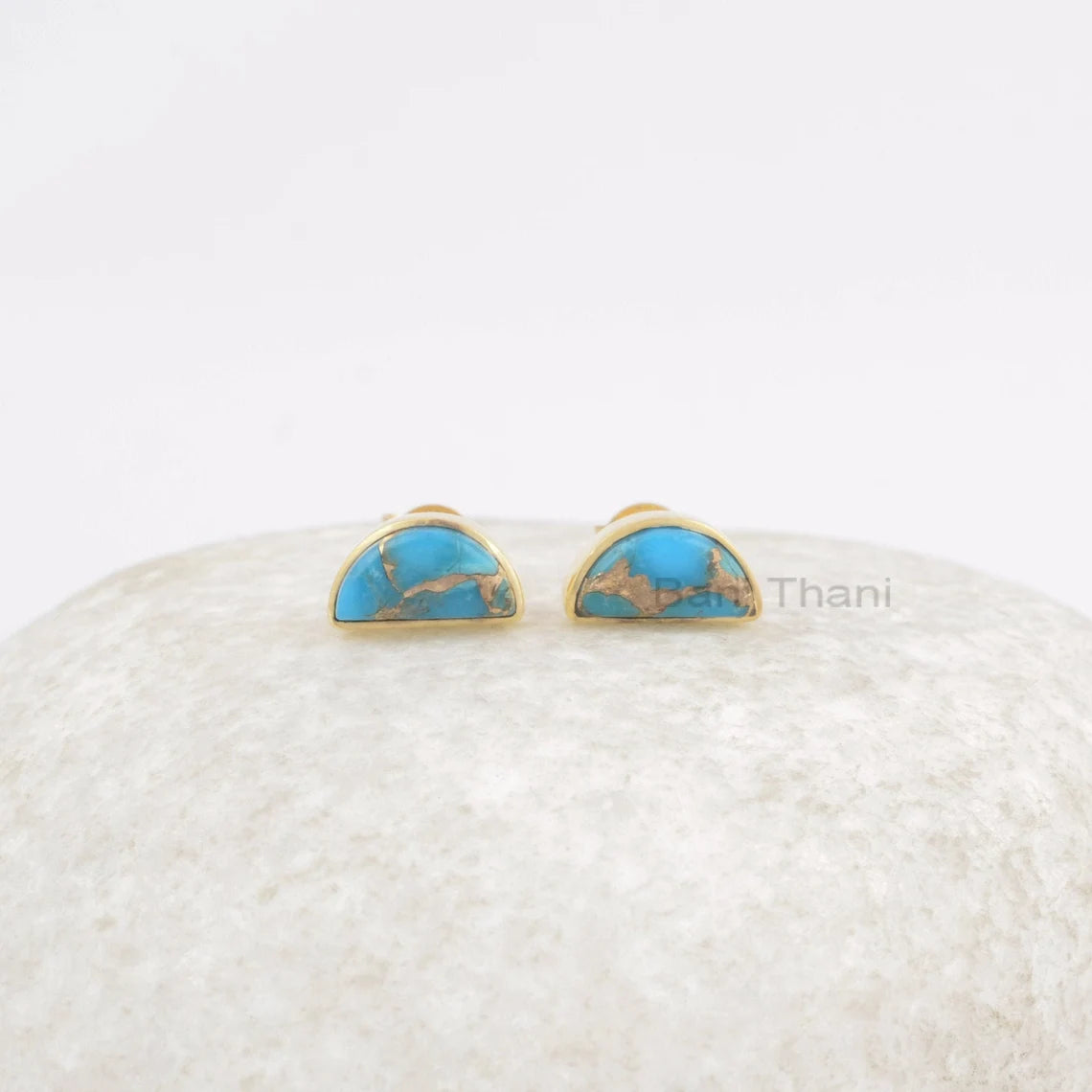 Copper Turquoise Stud, Turquoise Halfmoon Stud Earrings, 18k Gold Plated Stud Earring, 925 Silver Handmade Earring, Dainty Earring