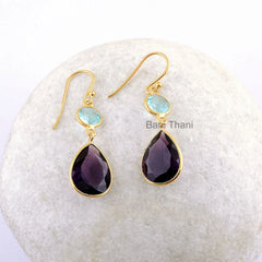 Amethyst Quartz Earrings-Aqua Quartz Earrings-925 Sterling Silver Gold Plated Earrings-Drop Dangle Earrings-Stylish Earring-Hook Earrings