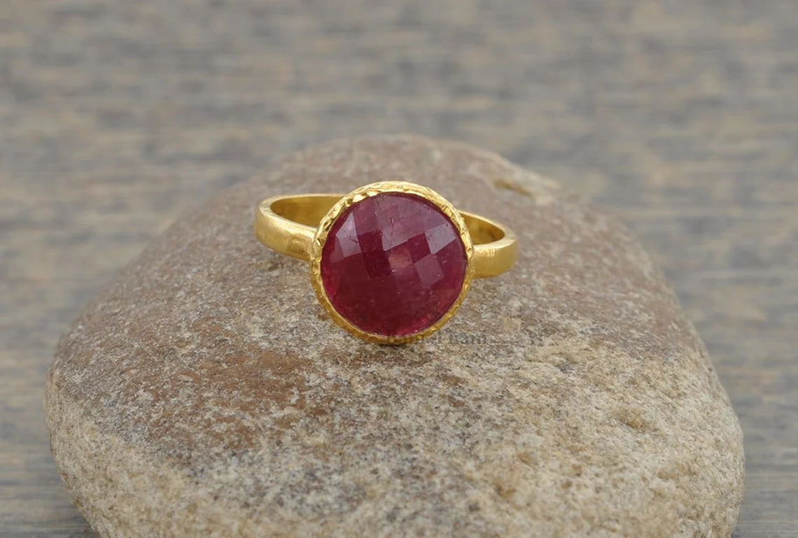 Ruby Faceted Round 10mm Gemstone Micron Gold Plated 925 Sterling Silver Hammered Ring Jewelry, Twisted Designer Ring For Women, Birthstone