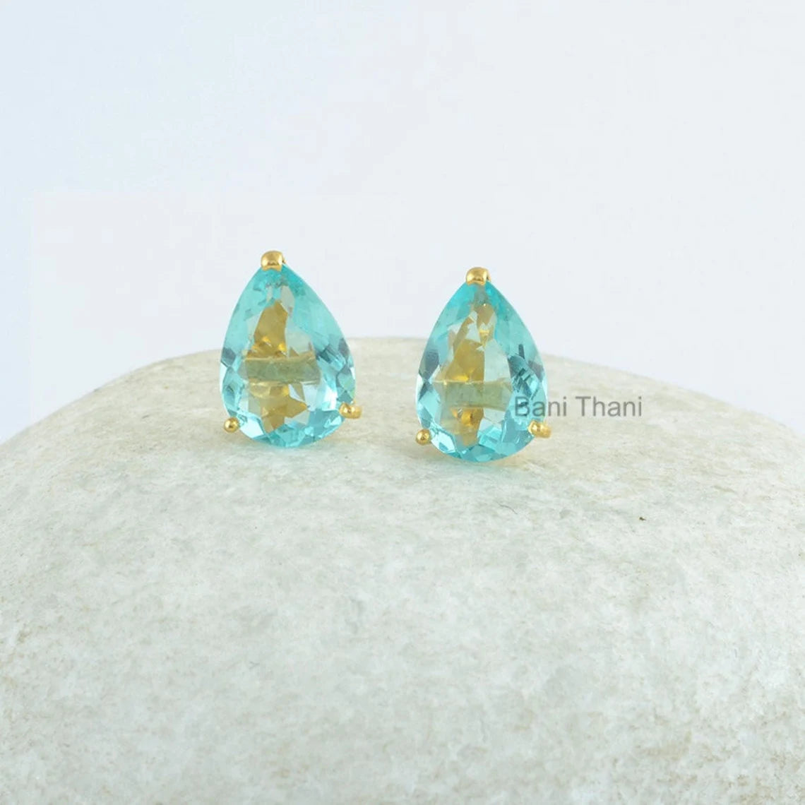 Aqua Quartz 10x14mm Pear Gemstone Stud Earring, 18k Gold Plated 925 Sterling Silver Prong Set Earring, Wedding Gift Earring, Dainty Earring