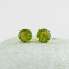 Peridot Quartz Stud Earrings - 925 Silver - Handmade Studs - 10mm Faceted Round - Manmade Jewelry - Gift For Inspiration -Jewelry For Friend