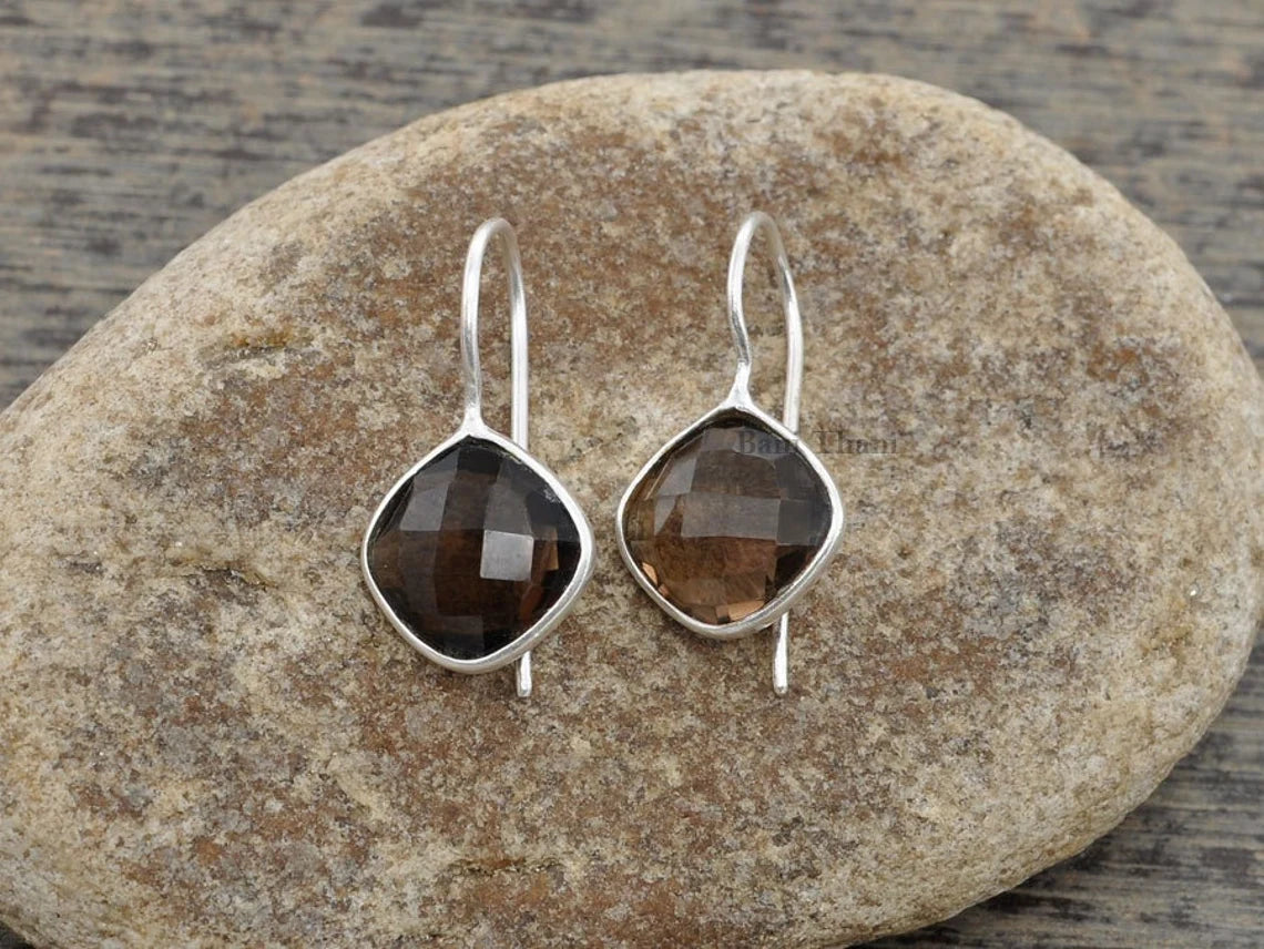 Beautiful Smoky Earring, Smoky Quartz 12mm Diamond Cushion Shape Gemstone Dangle Earring, 925 Sterling Silver Dangle Earring For Valentines