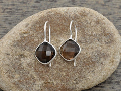 Beautiful Smoky Earring, Smoky Quartz 12mm Diamond Cushion Shape Gemstone Dangle Earring, 925 Sterling Silver Dangle Earring For Valentines