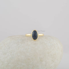 Natural Blue Sapphire Ring - Solid 925 Sterling Silver Ring - Gold Plated Oval Wedding Ring - Gemstone Ring - Gift for Her - Daily Use Ring