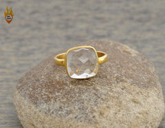 Crystal Ring, Crystal Quartz 10mm Cushion Faceted Gemstone Ring, Micron Gold Plated Cushion Ring, 925 Sterling Silver Bezel Rings For Women