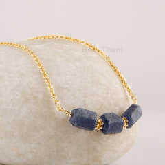 Natural Blue Sapphire Necklace, 925 Sterling Silver, Gold Plated, Pendant Chain Necklace, Raw Beaded Necklace For Girl