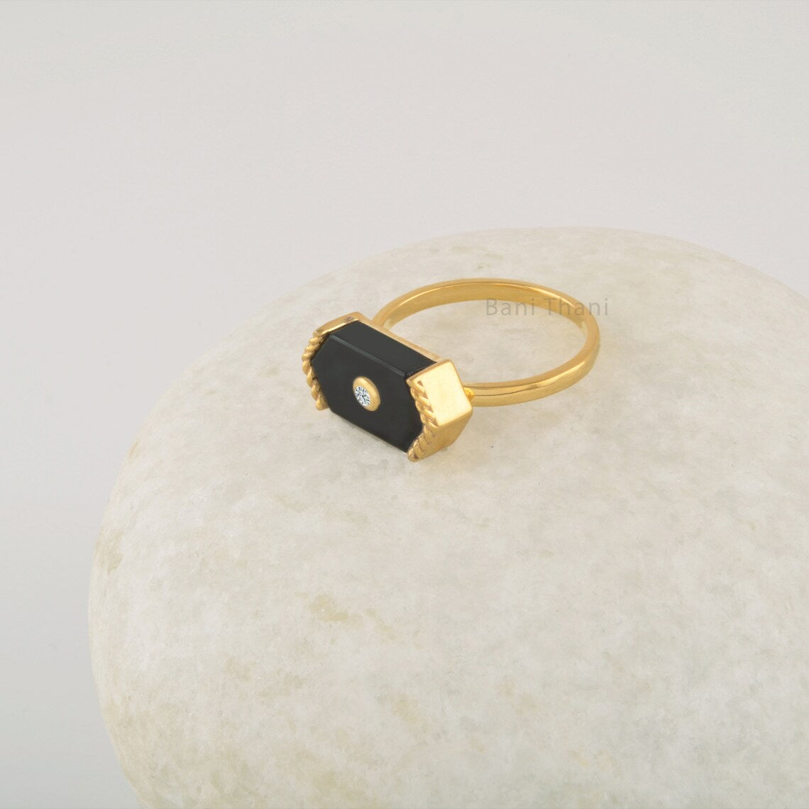 Black Onyx Ring - Pure Silver - Handcrafted Ring - Trendy Jewelry - Gold Plated - 15x8mm Hexagon Ring - Gift For Wife