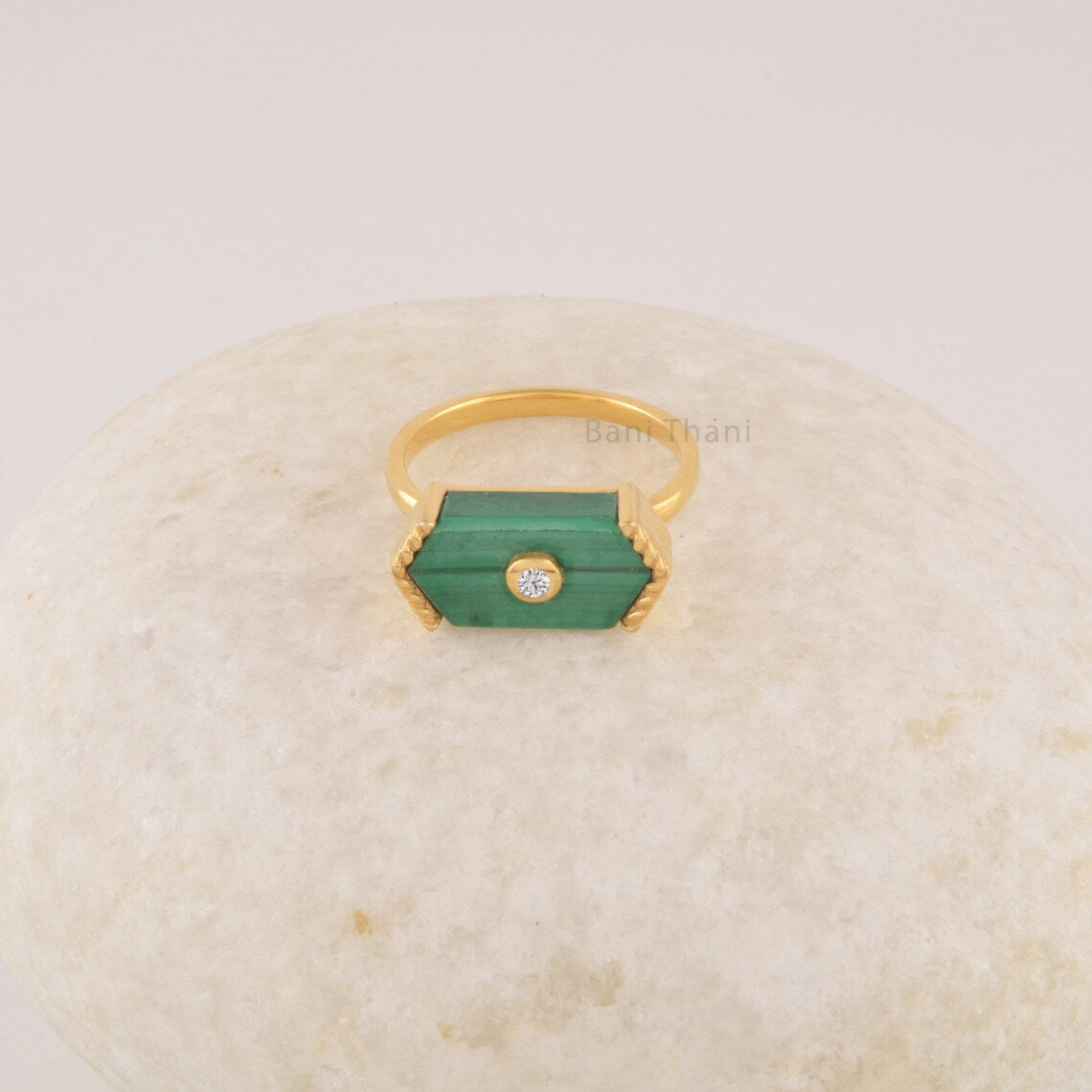 Malachite Gemstone Ring - 15x8mm Hexagon Silver Ring - Statement Ring - 18k Gold Plated Ring - Gift For Artist Woman - Trendy Jewelry