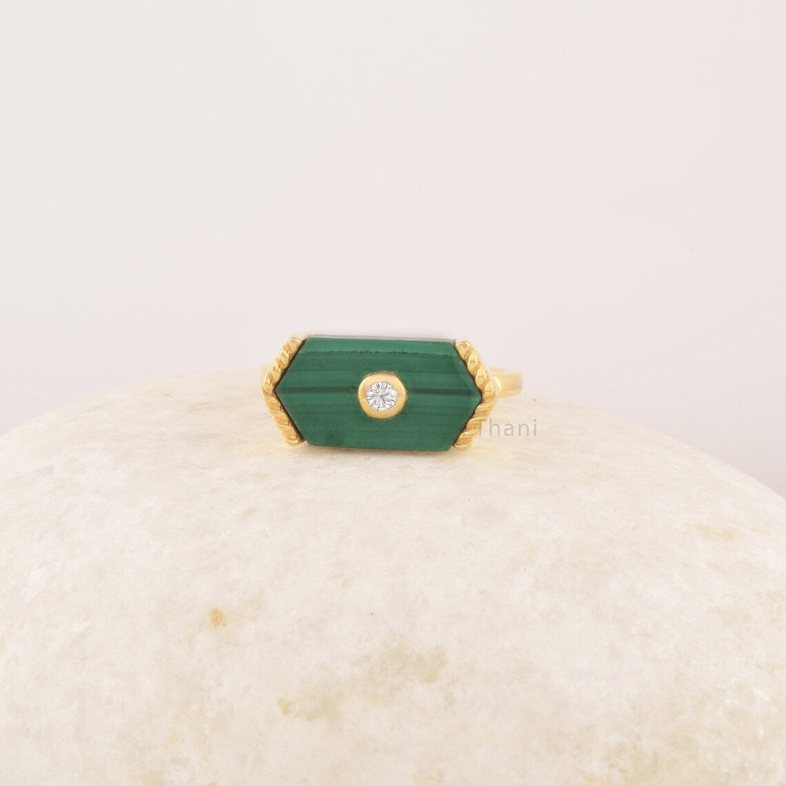 Malachite Gemstone Ring - 15x8mm Hexagon Silver Ring - Statement Ring - 18k Gold Plated Ring - Gift For Artist Woman - Trendy Jewelry