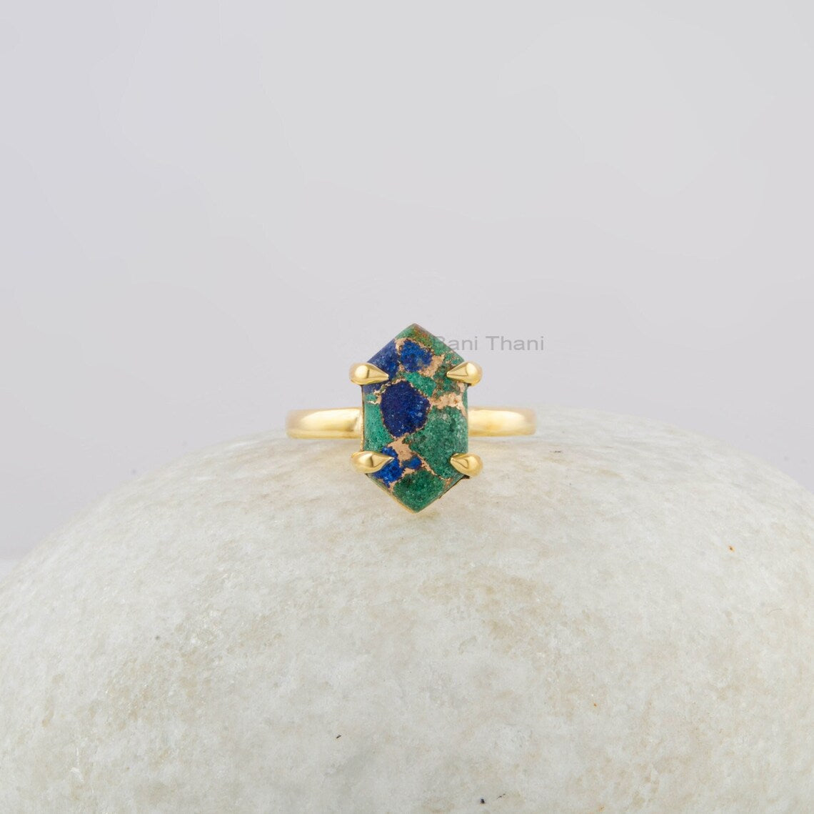 Azurite Ring - Sterling Silver Jewelry - 8x15mm Hexagon Gemstone Ring - Rose Gold Plated Jewelry - Jewelry for Sale - Azurite Copper Ring