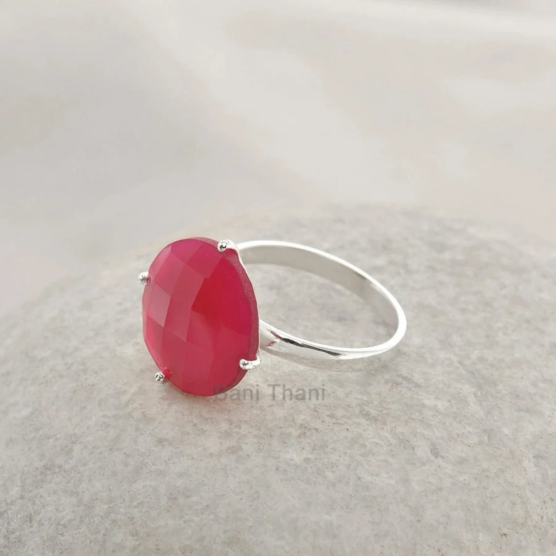 Hot Pink Chalcedony Gemstone Ring - Round 15mm Solid 925 Silver Prong Ring - Jewelry for Women - Christmas Gift Ring for Wife - Gift for Her