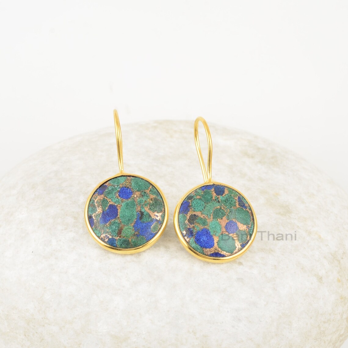 Copper Azurite Gemstone Earring, Azurite 15mm Round Drop Earrings, 925 Sterling Silver Gold Plated Earring, Hook Earrings