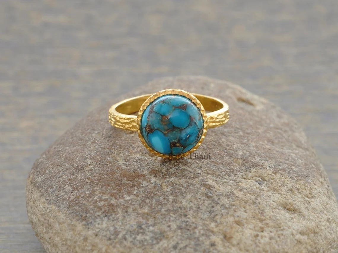 Blue Copper Turquoise Round Gemstone Ring - Gold Plated 925 Sterling Silver Ring - Textured Rings for Women - Ring for Girls - Gift for Her