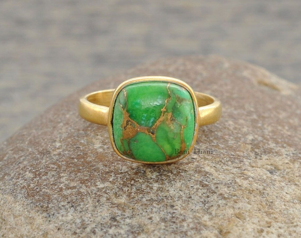 Green Copper Turquoise Ring - 10mm Cushion - 925 Pure Silver - Gold Plated Ring - Gemstone Jewelry - Jewelry for Womens - Gift for Brides