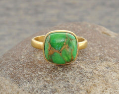 Green Copper Turquoise Ring - 10mm Cushion - 925 Pure Silver - Gold Plated Ring - Gemstone Jewelry - Jewelry for Womens - Gift for Brides