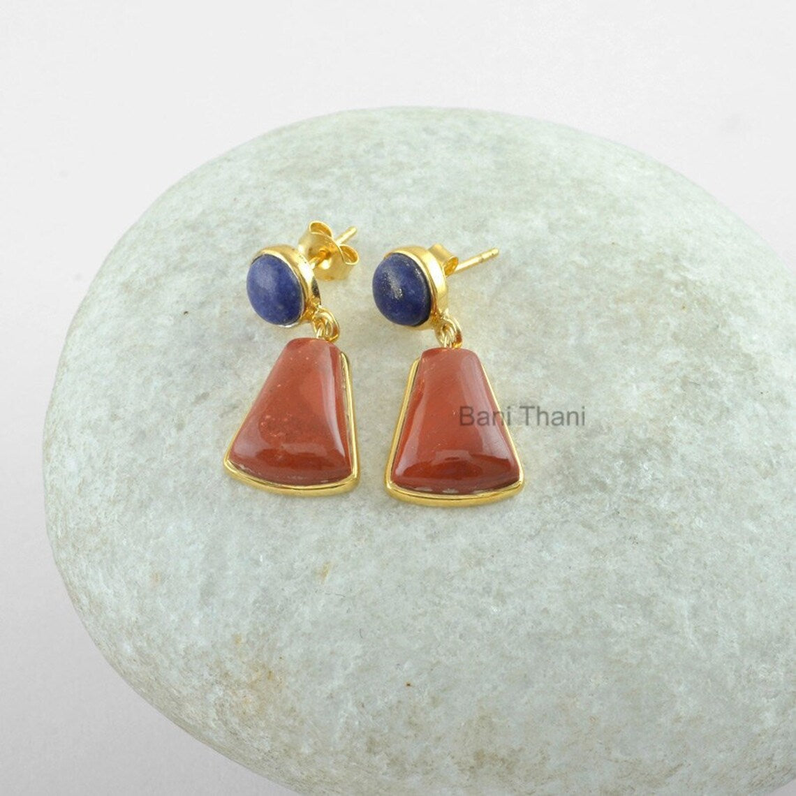 Red Jasper and Lapis Gemstone Earrings, Gold Plated Earrings, 925 Sterling Silver Dangle Earring Jewelry