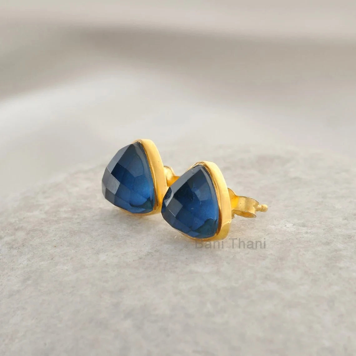 Sapphire Quartz Silver Stud Earrings - Gold Plated 925 Silver Stud Earrings - 9mm Trillion Gemstone Earring - Birthday Gift - Gift for Her