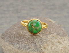 Hammered Ring Jewelry, Copper Green Turquoise 10mm Round Micron Gold Plated 925 Sterling Silver Ring