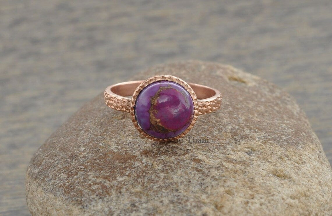 Purple Copper Turquoise Gemstone Ring - Textured 925 Sterling Silver Ring - Rose Gold Plated Ring - Gemstone Ring - Gift for Her - Boho Ring