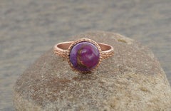 Purple Copper Turquoise Gemstone Ring - Textured 925 Sterling Silver Ring - Rose Gold Plated Ring - Gemstone Ring - Gift for Her - Boho Ring