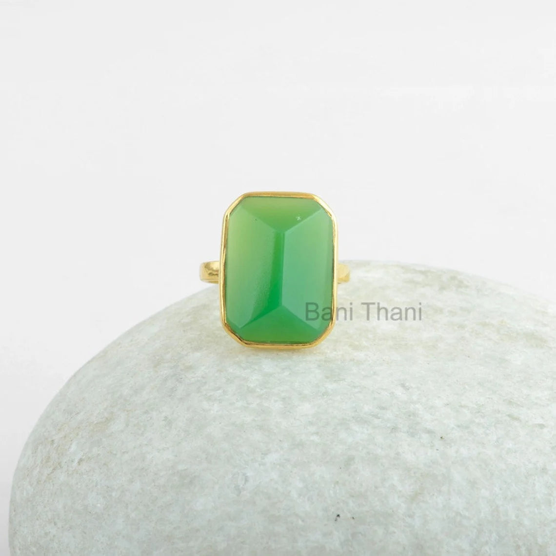 Sterling Silver Ring-Green Chrysoprase Chalcedony 13x18mm Pyramid Gemstone Ring-Micron Gold Plated Ring-Solitaire Ring, Engagement Gift Ring