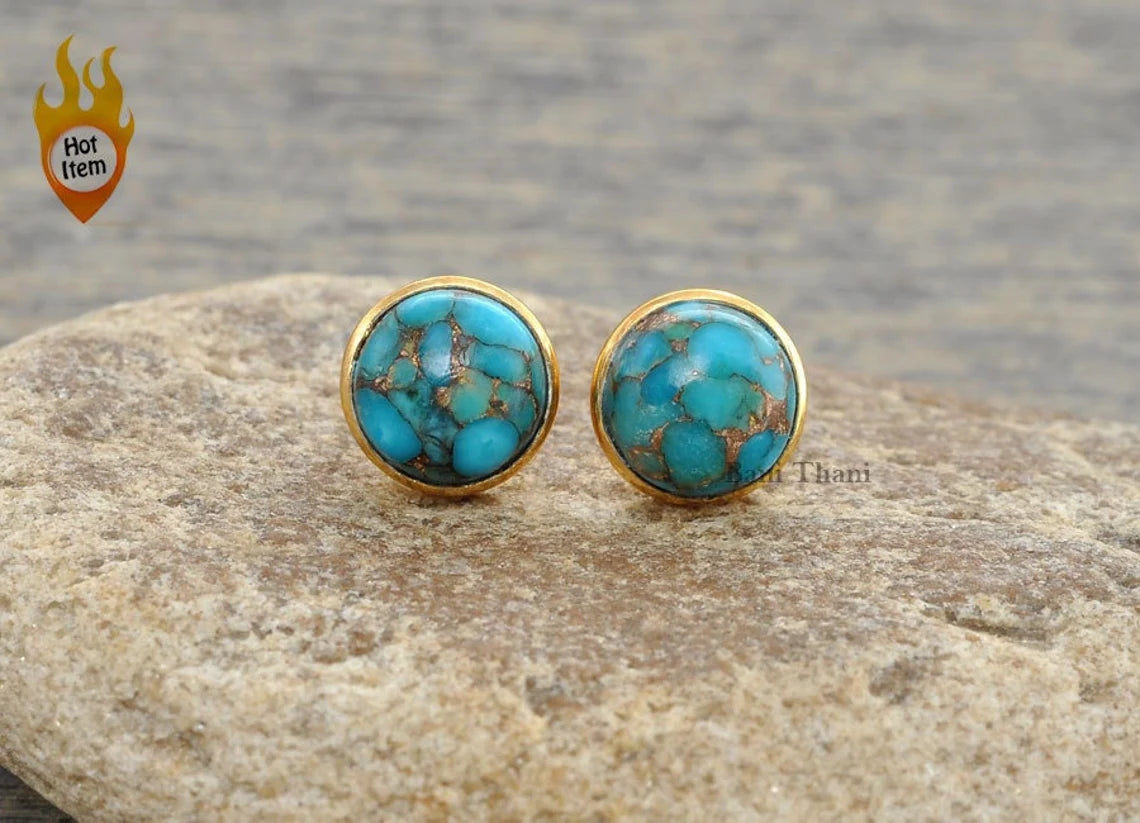 Copper Blue Turquoise Stud Earring - Handmade Studs - 925 Silver - 9mm Round -Wholesale Jewelry - Jewelry For Niece - Gift For Teens