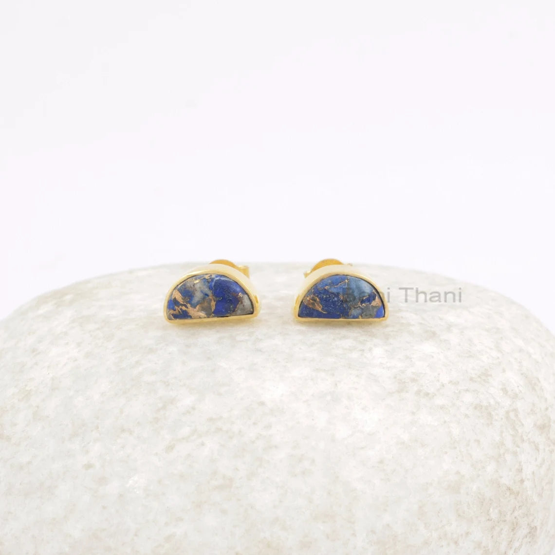 Delicate Earrings - Copper Lapis Earrings - Gemstone Stud Earrings - Halfmoon Earrings - Solid Silver - Gold Plated Earring - Gift for Her