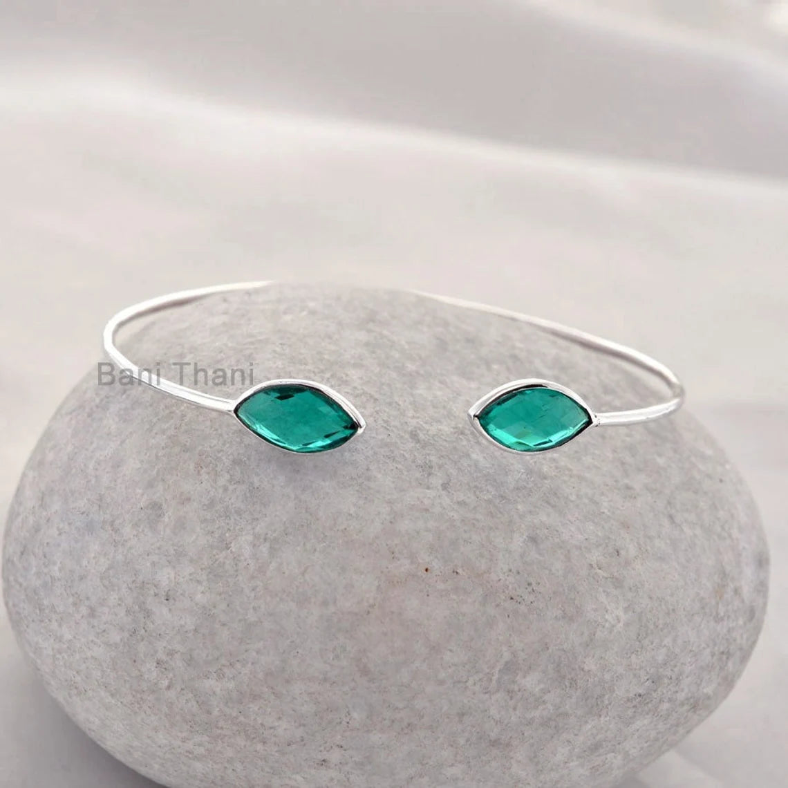 Teal Quartz Bangle - Gemstone Bracelet - 7x14mm Marquise - Sterling Silver - Elegant Jewelry Bangle - Jewelry For Lover - Gift For Student