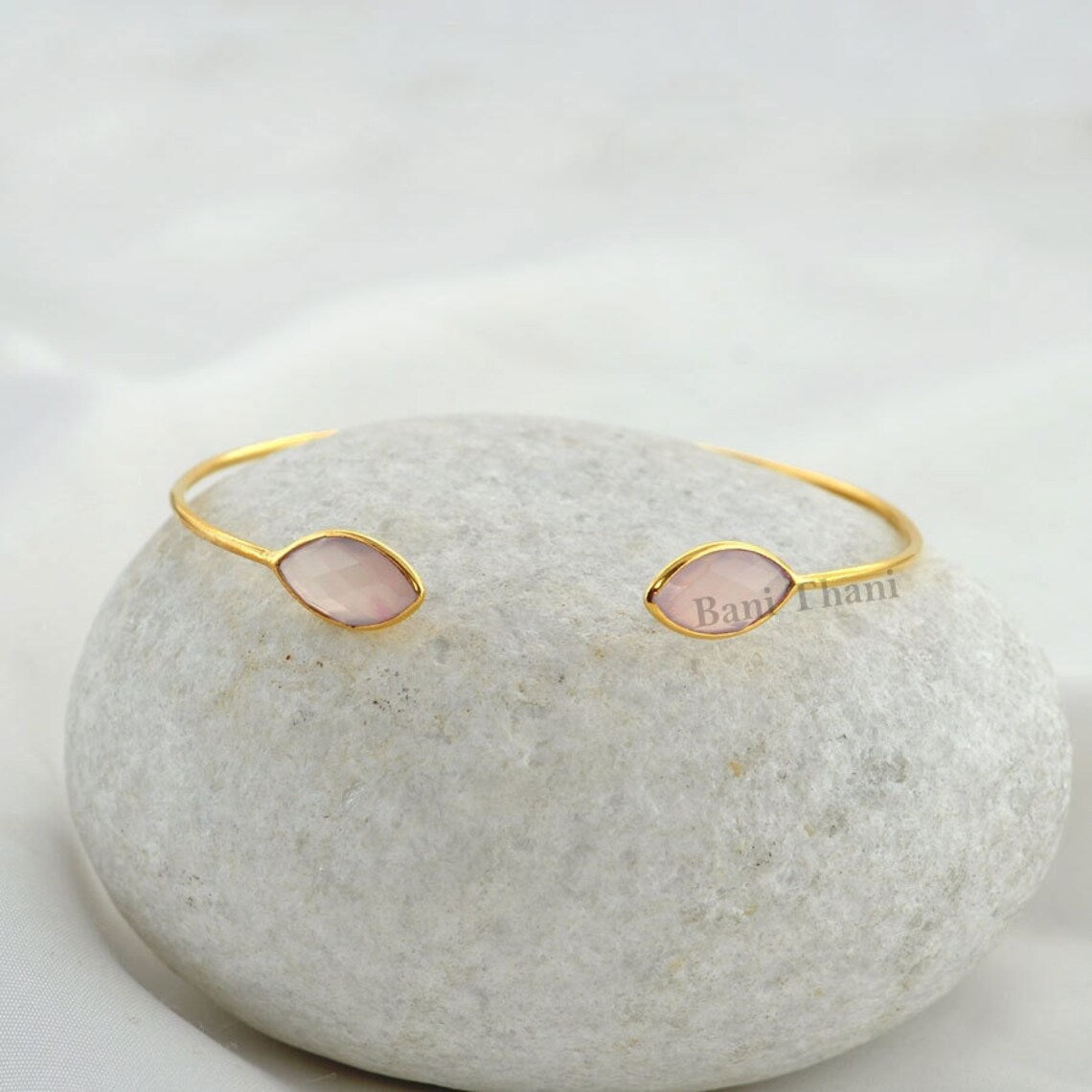 Pink Chalcedony Gemstone Bracelets - Gold Plated Bangle - Gift Jewelry - Sterling Silver Bangle Bracelet, 7x14mm