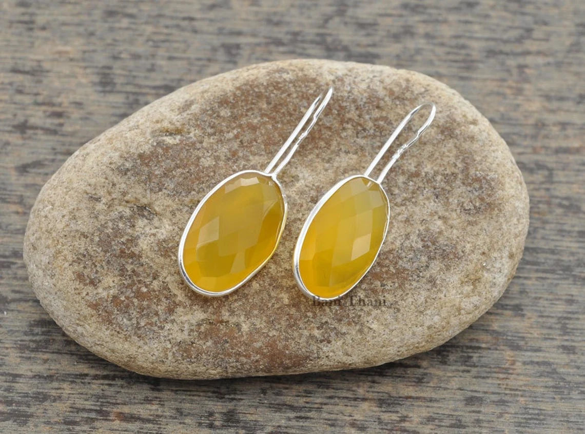 Beautiful Yellow Chalcedony 12x20mm Oval Gemstone Drop Earrings, 925 Sterling Silver Hook Earrings, Wedding Gift Earrings, Elegant Earrings