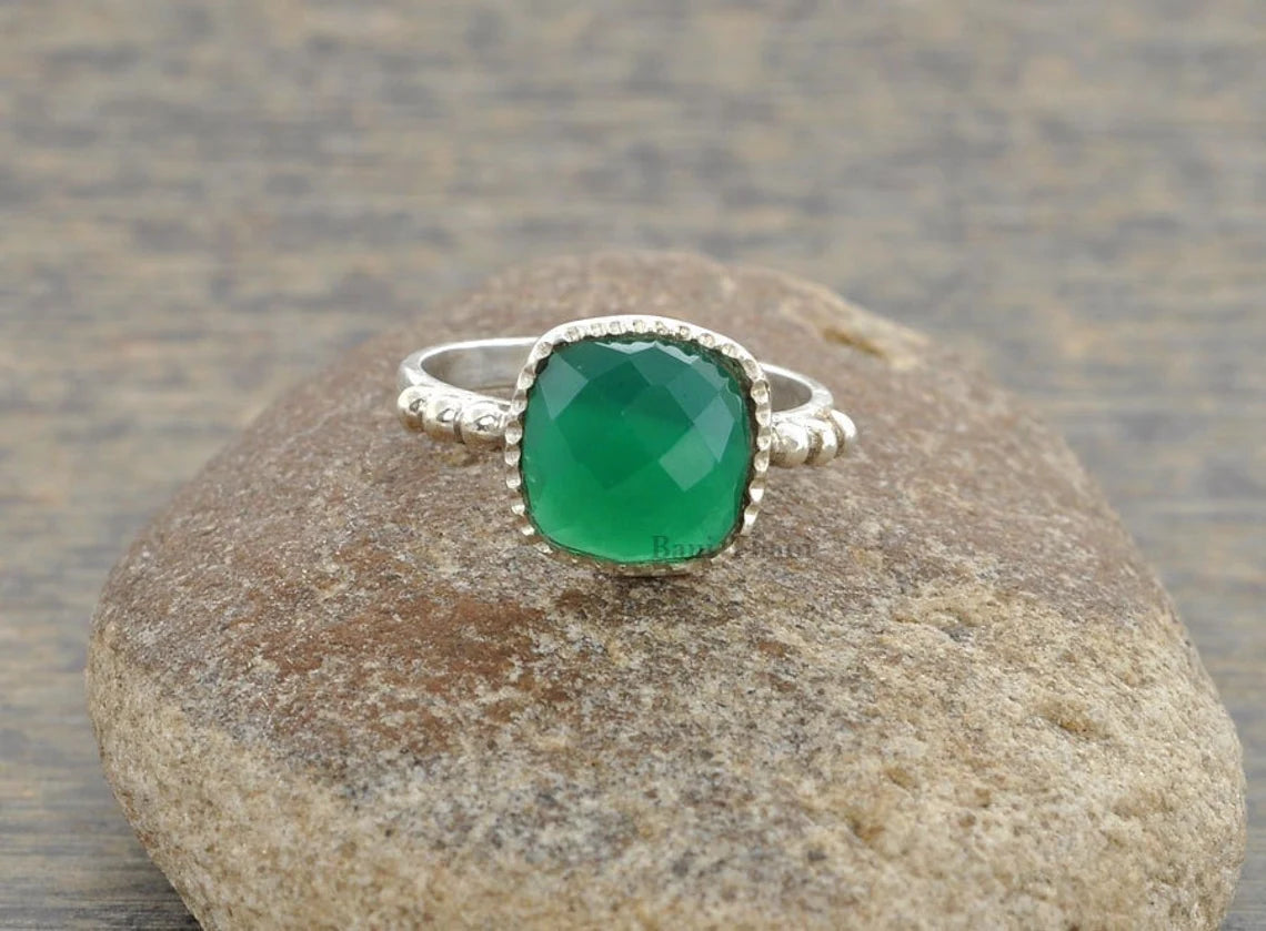 Green Onyx Ring - Hammered Ring Jewelry - Sterling Silver - Cushion Faceted 10mm- Gemstone Ring - 925 Sterling Silver Ring