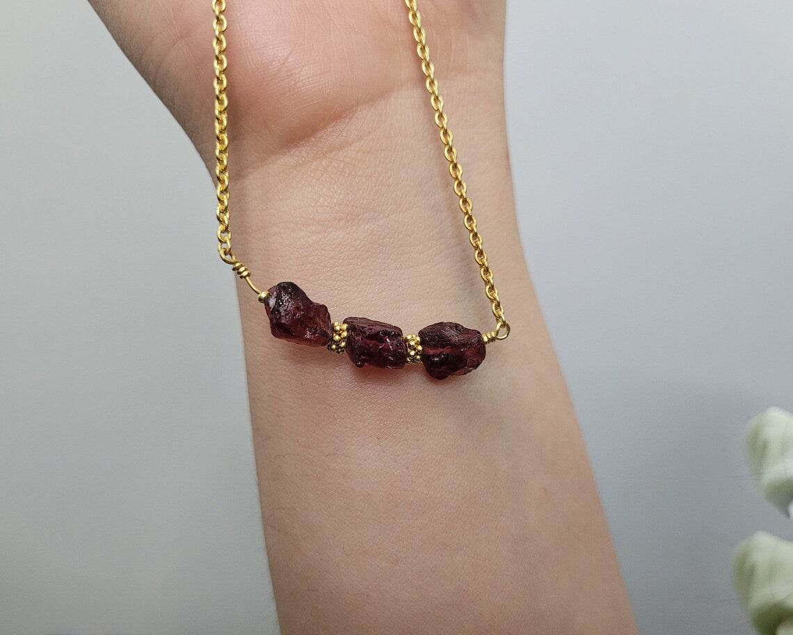 Natural Red Garnet Necklace, Multi Gemstone Necklace, Minimalist Gold Plated Solid Silver Necklace, Handmade Raw Beads Necklace