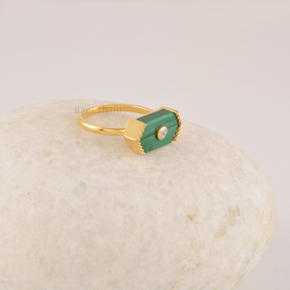 Malachite Gemstone Ring - 15x8mm Hexagon Silver Ring - Statement Ring - 18k Gold Plated Ring - Gift For Artist Woman - Trendy Jewelry