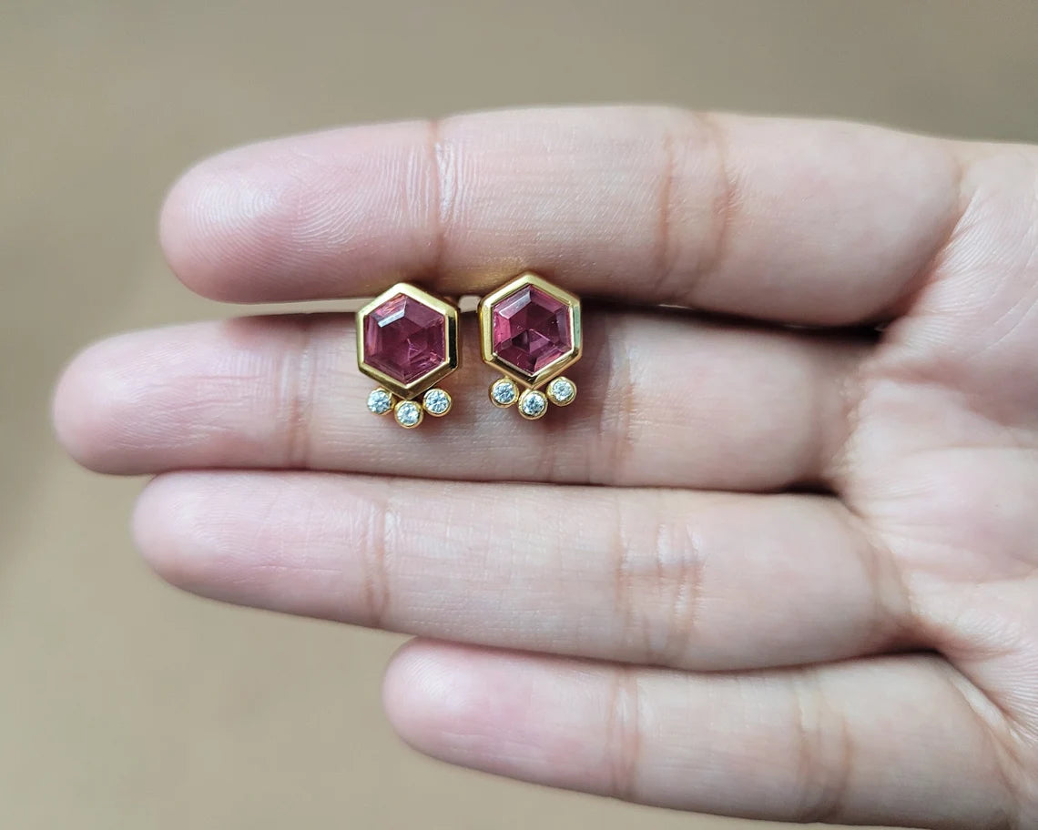 Pink Tourmaline Quartz 7mm Hexagon Gemstone Earrings, Solid 18k Gold Plated 925 Sterling Silver Handmade Earrings For Mom, Minimalist Studs