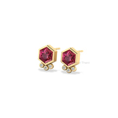 Pink Tourmaline Quartz 7mm Hexagon Gemstone Earrings, Solid 18k Gold Plated 925 Sterling Silver Handmade Earrings For Mom, Minimalist Studs